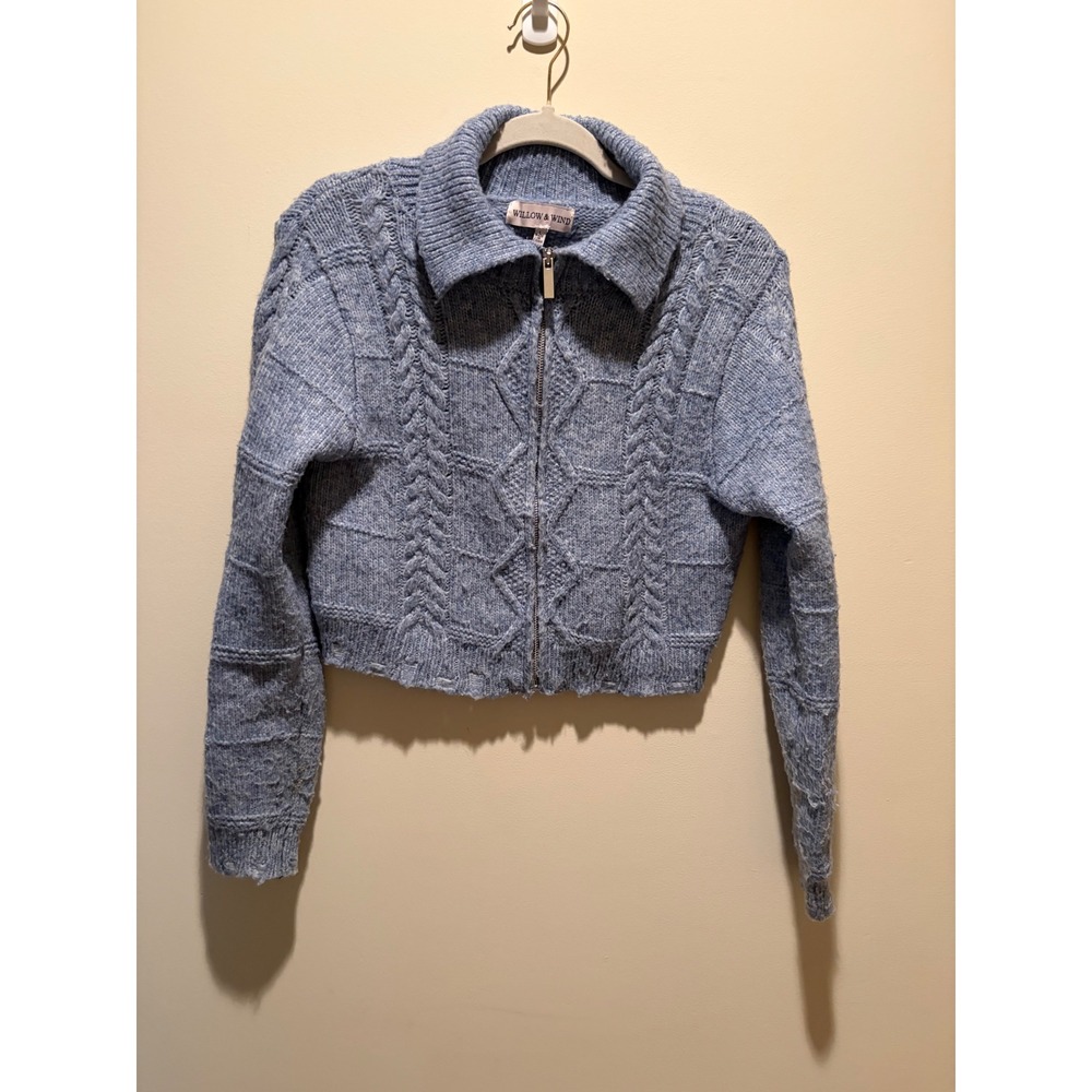 Willow & Wind Blue Cable Knit Full Zip Cropped Sweater Cardigan Large